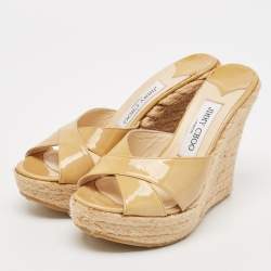 Jimmy Choo Beige Patent Leather Phyllis Espadrilles Platform Wedges Sandals Size 37