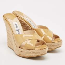 Jimmy Choo Beige Patent Leather Phyllis Espadrilles Platform Wedges Sandals Size 37
