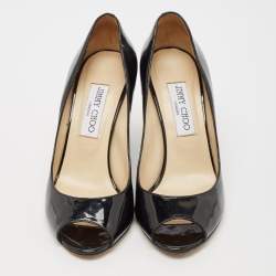 Jimmy Choo Black Patent Leather Baxen Peep Toe Wedge Pumps Size 37.5