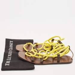 Jimmy Choo Brown/Yellow Rope and Leather Aziza Flat Ankle Wrap Sandals Size 39.5