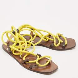 Jimmy Choo Brown/Yellow Rope and Leather Aziza Flat Ankle Wrap Sandals Size 39.5