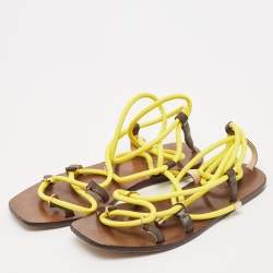 Jimmy Choo Brown/Yellow Rope and Leather Aziza Flat Ankle Wrap Sandals Size 39.5