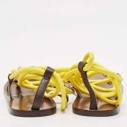 Jimmy Choo Brown/Yellow Rope and Leather Aziza Flat Ankle Wrap Sandals Size 39.5