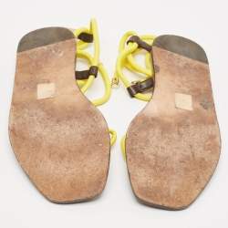 Jimmy Choo Brown/Yellow Rope and Leather Aziza Flat Ankle Wrap Sandals Size 39.5