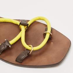 Jimmy Choo Brown/Yellow Rope and Leather Aziza Flat Ankle Wrap Sandals Size 39.5