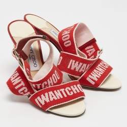 Jimmy Choo Red Canvas Bailey Ankle Wrap Sandals Size 37