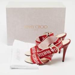 Jimmy Choo Red Canvas Bailey Ankle Wrap Sandals Size 37