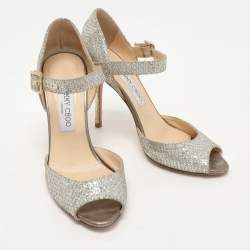 Jimmy Choo Silver Glitter and Lame Fabric Ankle Strap Sandals Size 38