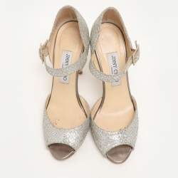 Jimmy Choo Silver Glitter and Lame Fabric Ankle Strap Sandals Size 38