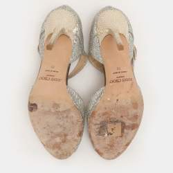 Jimmy Choo Silver Glitter and Lame Fabric Ankle Strap Sandals Size 38