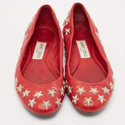 Jimmy Choo Red Leather Windsor Star Embellished Ballet Flat Size 37