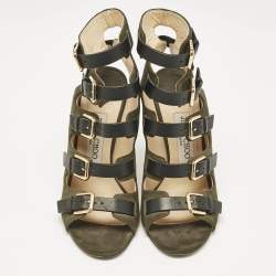 Jimmy Choo Green/Black Suede and Leather Buckle Strappy  Sandals Size 36.5