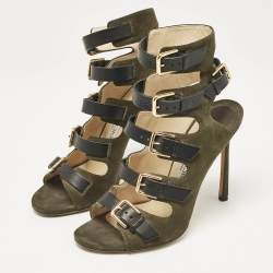 Jimmy Choo Green/Black Suede and Leather Buckle Strappy  Sandals Size 36.5
