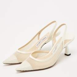 Jimmy Choo White Patent Leather and Mesh Fetto Slingback Pumps Size 35