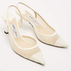 Jimmy Choo White Patent Leather and Mesh Fetto Slingback Pumps Size 35