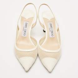 Jimmy Choo White Patent Leather and Mesh Fetto Slingback Pumps Size 35