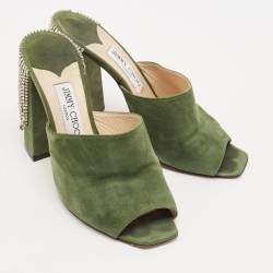 Jimmy Choo Green Suede Crystal Embellished Baia Mules Size 39