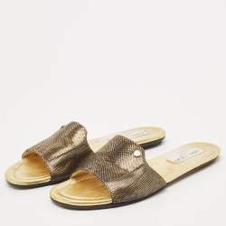 Pre Owned Jimmy Choo Gold/Black Embossed Leather Nanda Flat Slides Size 37.5