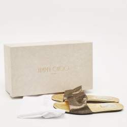 Pre Owned Jimmy Choo Gold/Black Embossed Leather Nanda Flat Slides Size 37.5