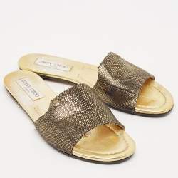 Pre Owned Jimmy Choo Gold/Black Embossed Leather Nanda Flat Slides Size 37.5