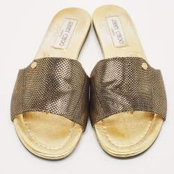 Pre Owned Jimmy Choo Gold/Black Embossed Leather Nanda Flat Slides Size 37.5