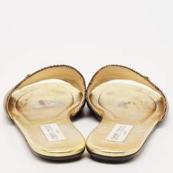 Pre Owned Jimmy Choo Gold/Black Embossed Leather Nanda Flat Slides Size 37.5