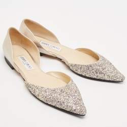 Pre Owned Jimmy Choo Metallic Leather and Glitter Esther Ballet Flats Size 39.5