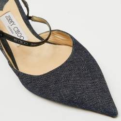 Jimmy Choo Navy Blue Denim Pointed Toe Ray Logo Slingback Pumps Size 40