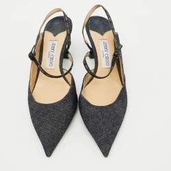 Jimmy Choo Navy Blue Denim Pointed Toe Ray Logo Slingback Pumps Size 40