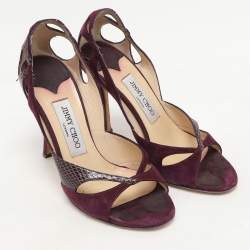Pre Owned Jimmy Choo Purple Snakeskin Leather and Suede Peep Toe Sandals Size 36.5