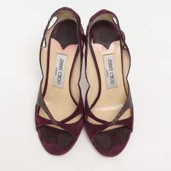 Pre Owned Jimmy Choo Purple Snakeskin Leather and Suede Peep Toe Sandals Size 36.5