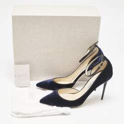 Jimmy Choo Navy Blue Velvet Lucy Ankle Strap Pumps Size 41