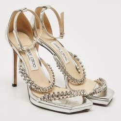 Jimmy Choo Silver Leather Crystal Embellished Ankle Strap Sandals Size 38
