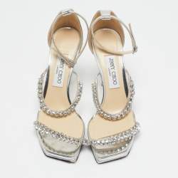 Jimmy Choo Silver Leather Crystal Embellished Ankle Strap Sandals Size 38