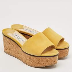 Jimmy Choo Yellow Suede Cork Wedge Platform Slide Sandals Size 37.5