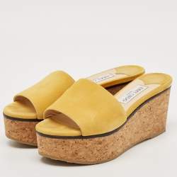 Jimmy Choo Yellow Suede Cork Wedge Platform Slide Sandals Size 37.5