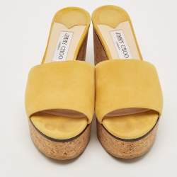 Jimmy Choo Yellow Suede Cork Wedge Platform Slide Sandals Size 37.5