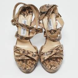 Pre Owned Jimmy Choo Beige/Black Elaphe Leather Vamp Sandals Size 39.5