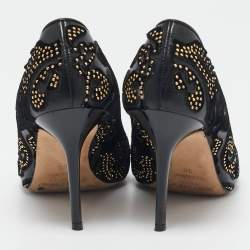  Jimmy Choo Black Leather and Velvet  Abel Kid Pointed Toe Pumps Size 36.5 