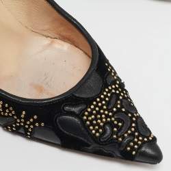  Jimmy Choo Black Leather and Velvet  Abel Kid Pointed Toe Pumps Size 36.5 