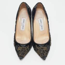  Jimmy Choo Black Leather and Velvet  Abel Kid Pointed Toe Pumps Size 36.5 