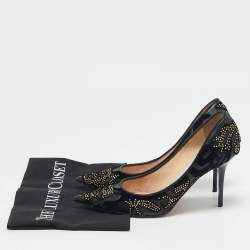  Jimmy Choo Black Leather and Velvet  Abel Kid Pointed Toe Pumps Size 36.5 
