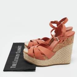 Jimmy Choo Rust Orange Leather Cork Platform Espadrille Wedge Sandals Size 40.5