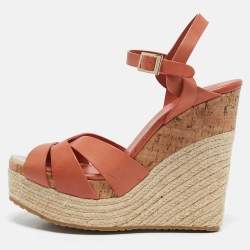 Jimmy Choo Rust Orange Leather Cork Platform Espadrille Wedge Sandals Size 40.5