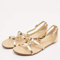Jimmy Choo Gold Embossed Patent Leather Wyatt Flat Sandals Size 41