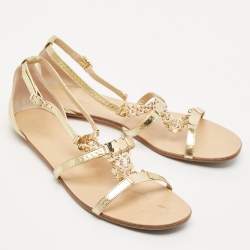 Jimmy Choo Gold Embossed Patent Leather Wyatt Flat Sandals Size 41