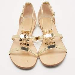 Jimmy Choo Gold Embossed Patent Leather Wyatt Flat Sandals Size 41
