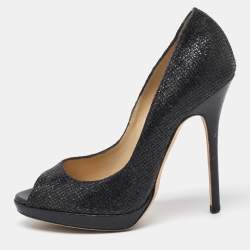 Jimmy Choo Black Glitter Fabric Luna Peep Toe Platform Pumps Size 37