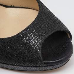 Jimmy Choo Black Glitter Fabric Luna Peep Toe Platform Pumps Size 37
