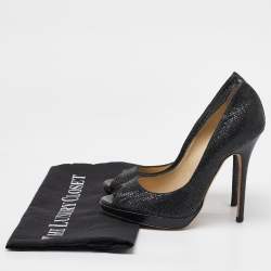 Jimmy Choo Black Glitter Fabric Luna Peep Toe Platform Pumps Size 37